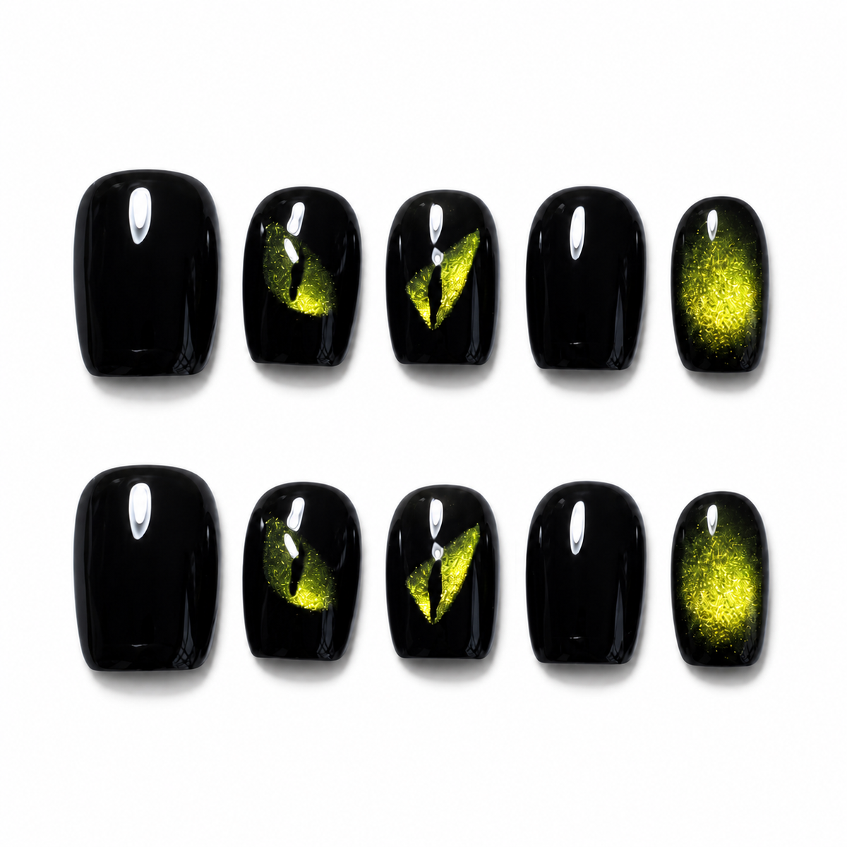 Night Serpent Black Short Squoval Press-On Nails with Neon Eye Art