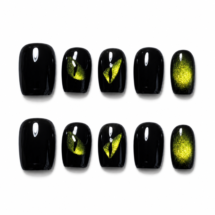 Night Serpent Black Short Squoval Press-On Nails with Neon Eye Art