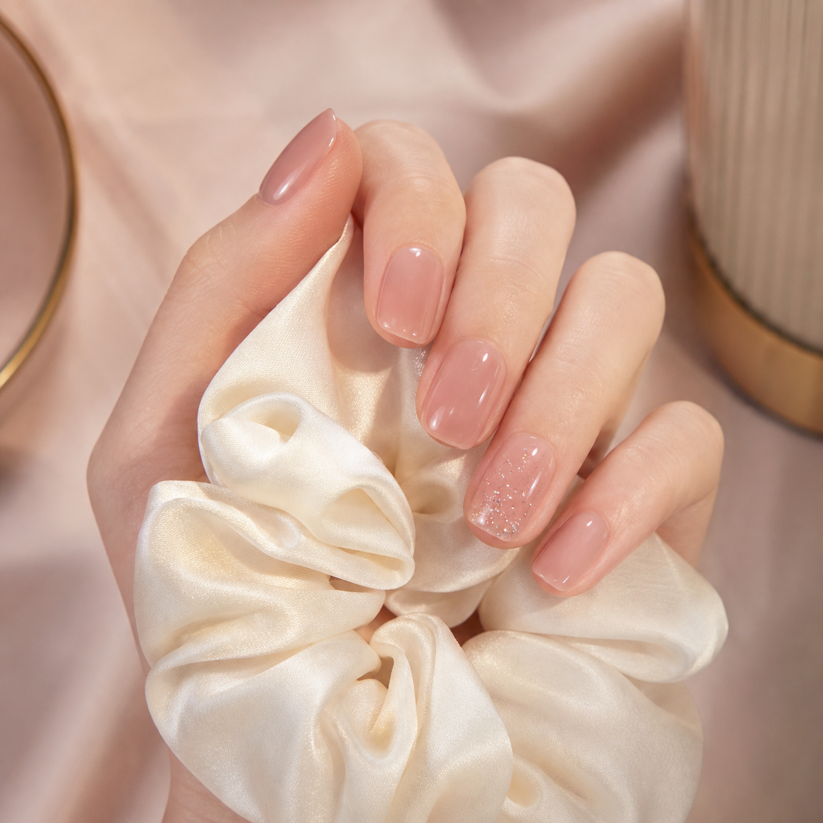 Peach Stardust Sheer Pink Short Squoval Press-On Nails with Silver Shimmer