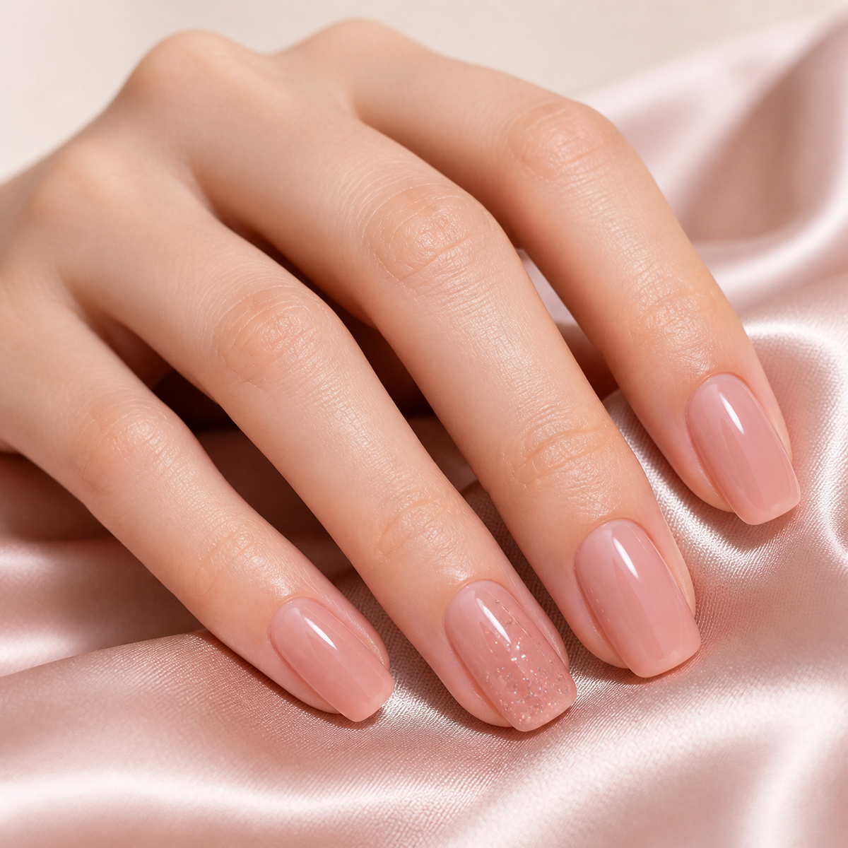 Peach Stardust Sheer Pink Short Squoval Press-On Nails with Silver Shimmer