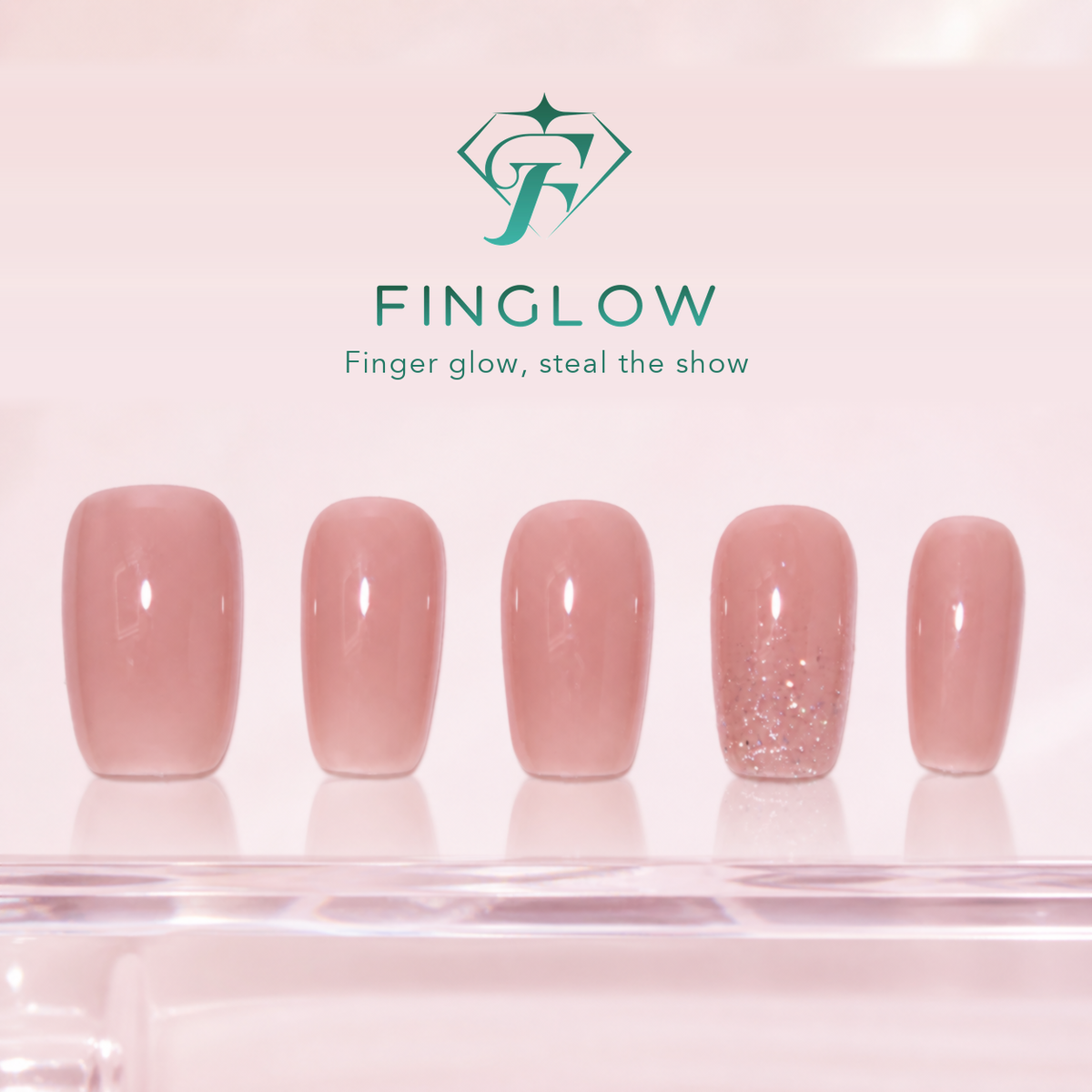 Peach Stardust Sheer Pink Short Squoval Press-On Nails with Silver Shimmer