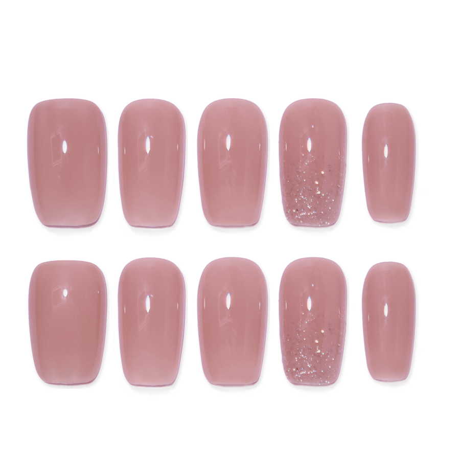 Peach Stardust Sheer Pink Short Squoval Press-On Nails with Silver Shimmer