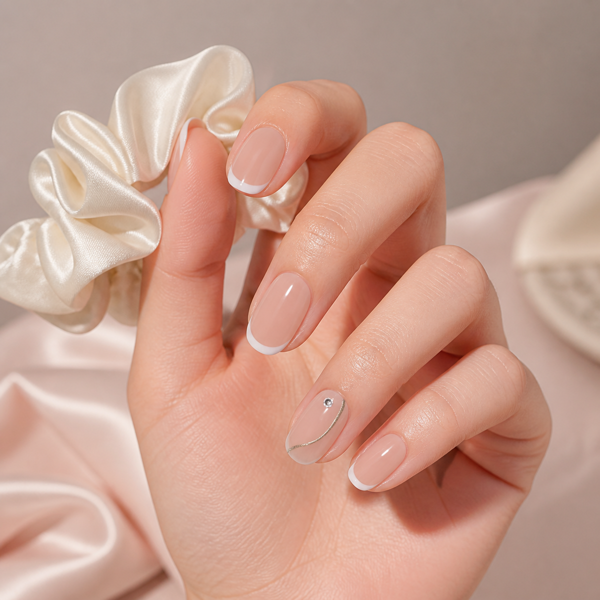 Moonlit Curve Nude Micro French Short Squoval Press-On Nails with Gem Accents