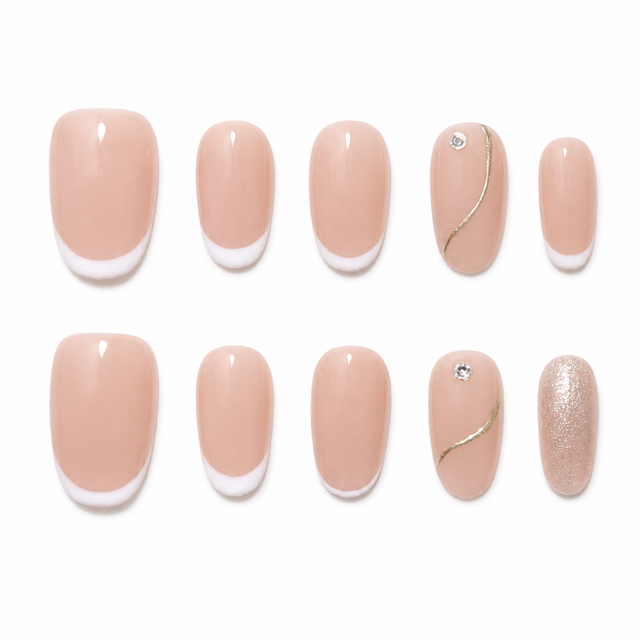 Moonlit Curve Nude Micro French Short Squoval Press-On Nails with Gem Accents