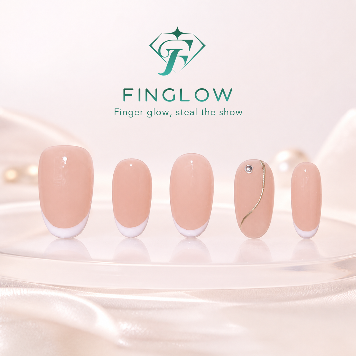 Moonlit Curve Nude Micro French Short Squoval Press-On Nails with Gem Accents
