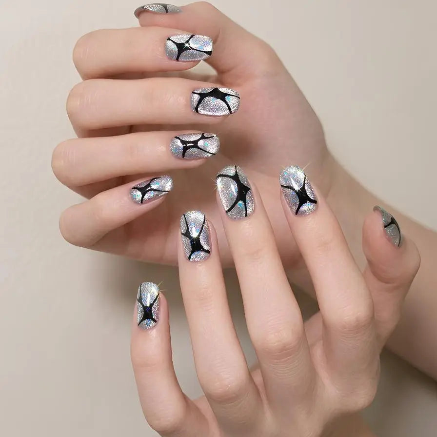 Diamond Starburst Short Square Press-On Nails, Silver Glitter Black Geometric Y2K Style