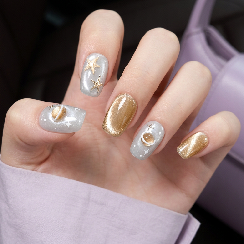 Gilded Orbit Silver & Gold Celestial Short Squoval Press-On Nails