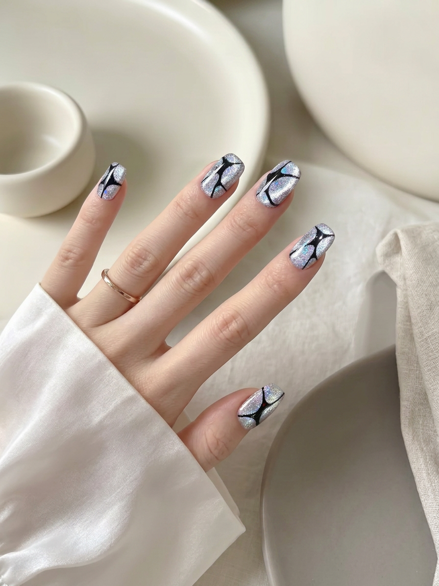 Diamond Starburst Short Square Press-On Nails, Silver Glitter Black Geometric Y2K Style