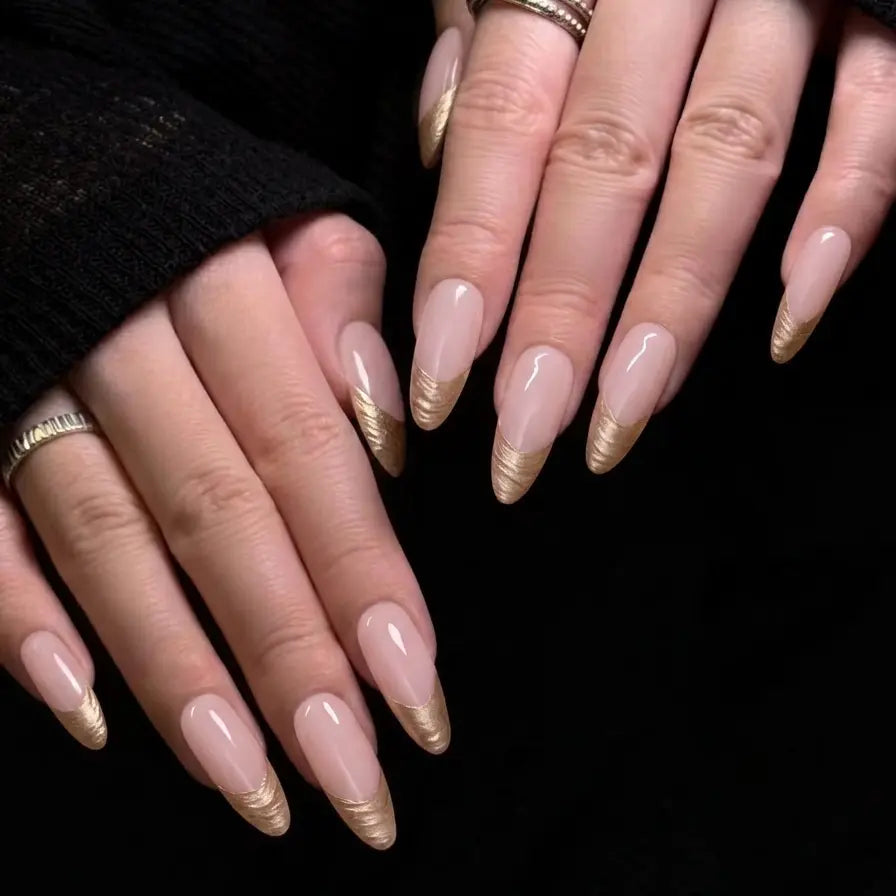 Gold Ribbed French Almond Press-On Nails, Nude Pink Luxury Office Reusable Fake Nails