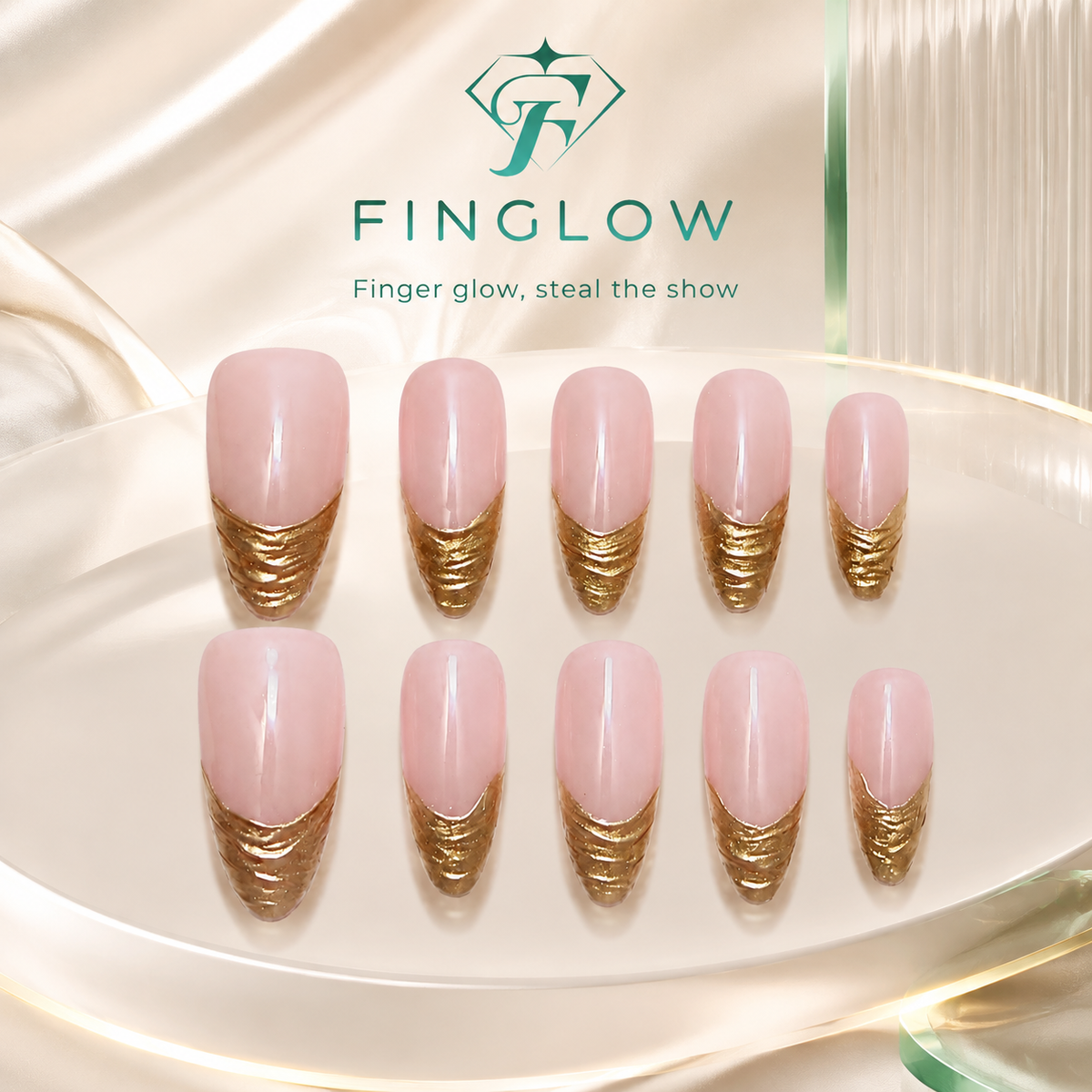 Gold Ribbed French Almond Press-On Nails, Nude Pink Luxury Office Reusable Fake Nails