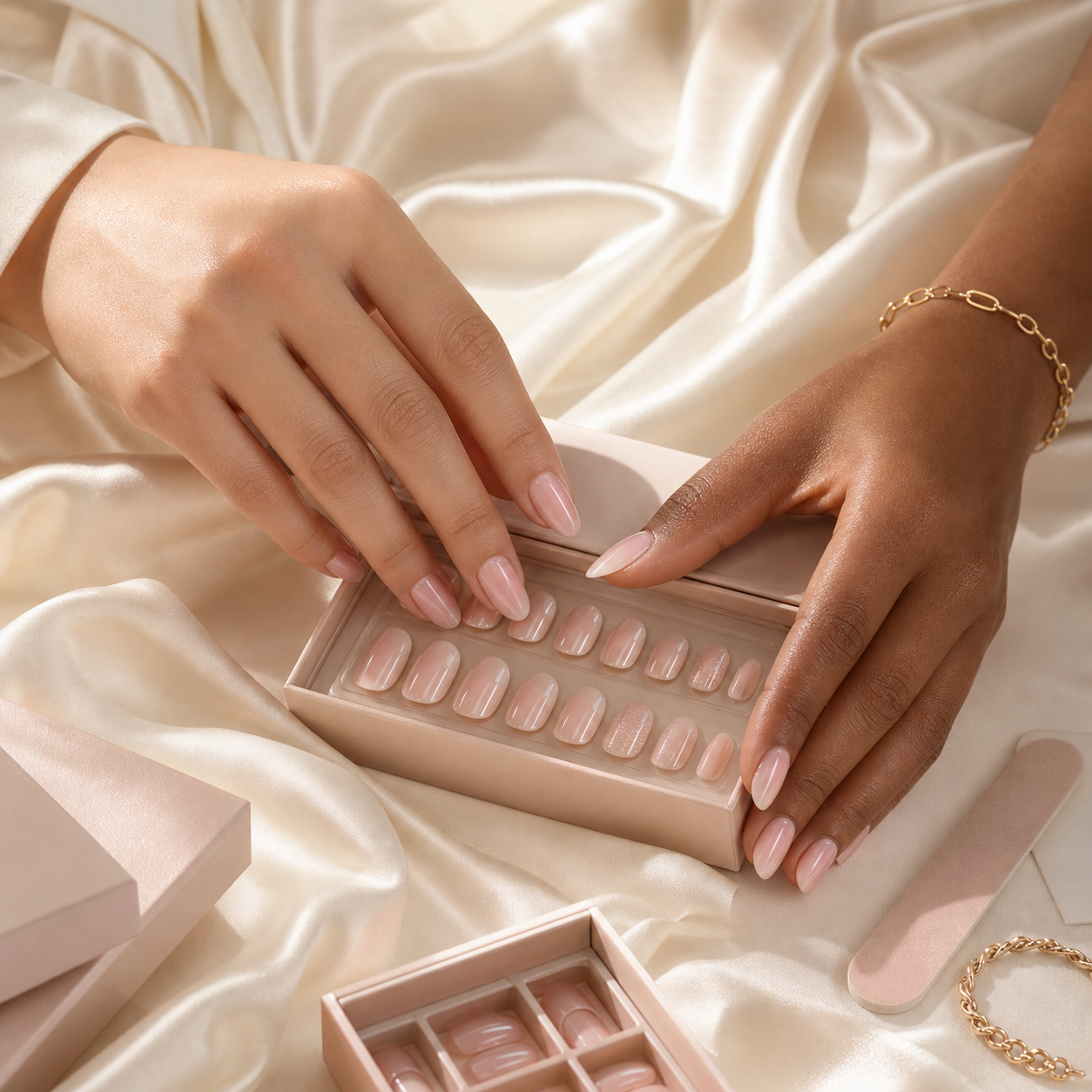 FINGLOW press-on nail ritual with soft nude styles
