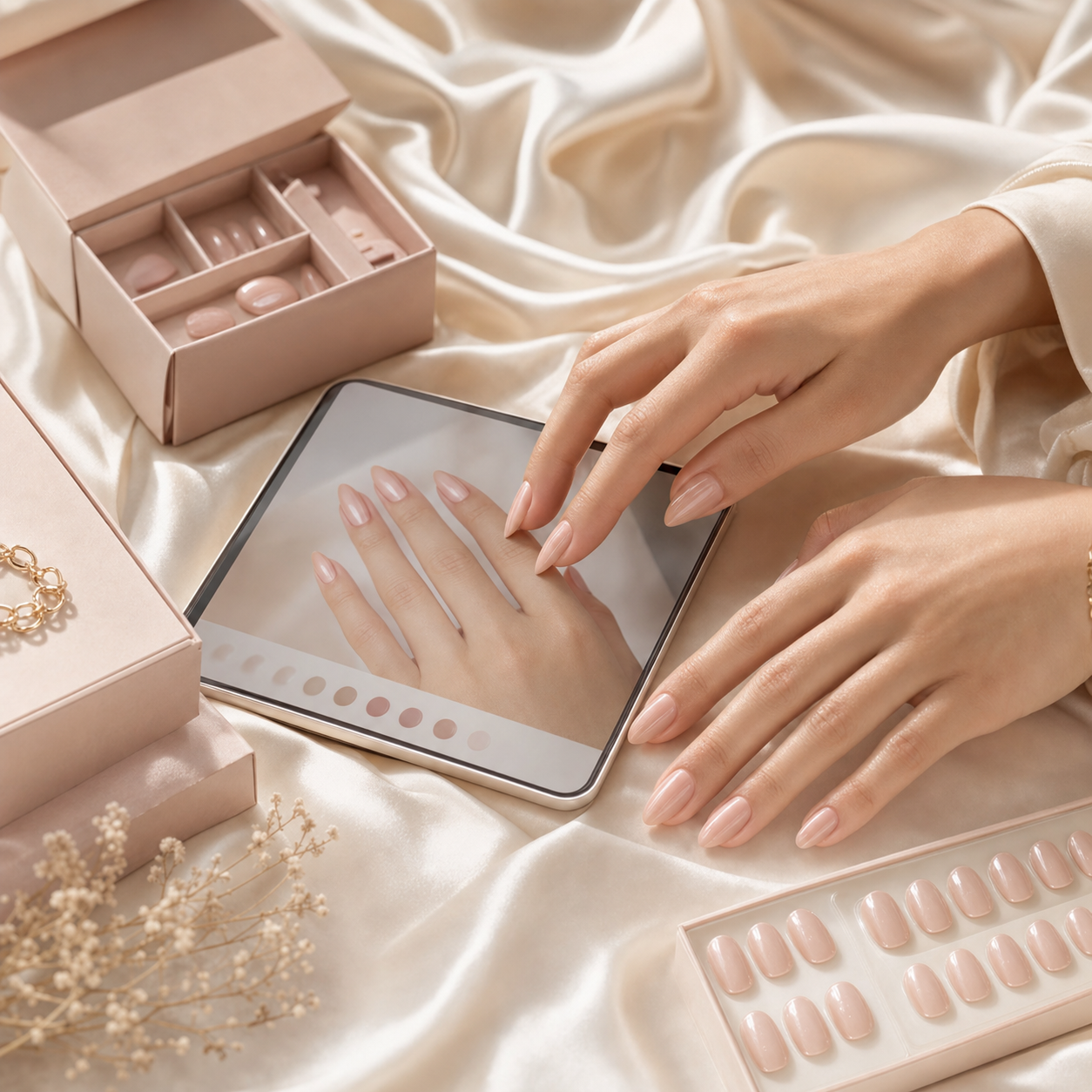 Virtual nail try-on studio preview on satin with nude press-on nails